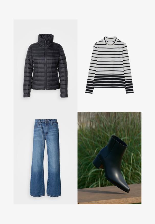 Schwarze Steppjacke mit hohem Kragen, Reißverschluss, horizontalem Steppmuster und glatter Textur. Verfügt über seitliche Taschen und eine figurbetonte Silhouette.; Langärmliges Oberteil aus Baumwolle, mit horizontalen schwarz-weißen Streifen, hohem Stehkragen und einer entspannten Passform mit seitlichen Schlitzen.; Helle blaue, weite Jeans aus Denim. Mit hohem Bund, sichtbaren Nähten und einem Bindegürtel. Verwaschene Textur zum unteren Teil hin.; Schwarzer Leder-Knöchelboot mit Blockabsatz, spitze Spitze, dargestellt über einer Holzoberfläche mit grünem, verschwommenem Gras-Hintergrund.