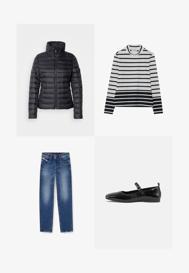 Doudoune noire avec col montant, fermeture éclair, design matelassé horizontal et texture lisse. Dispose de poches latérales et d'une silhouette ajustée.; T-shirt à manches longues en coton, présentant des rayures horizontales noires et blanches, un col montant haut et une coupe décontractée avec des fentes sur les côtés.; Jean en denim bleu moyen avec une finition délavée. Comprend cinq poches, des passants de ceinture et une coupe droite. Les accents de broderie sont visibles.; Chaussure plate en cuir verni noir avec un bout pointu, une sangle de cheville avec boucles, et une texture lisse et brillante. Talon bas pour le confort.