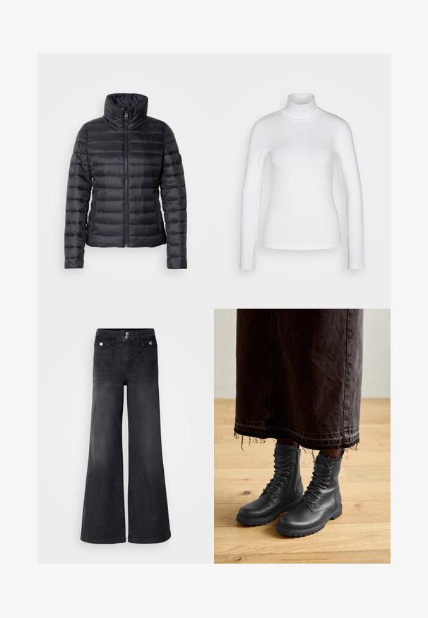 Sort pufferjakke med høj krave, lynlås lukning, horisontal quiltet design og glat tekstur. Har sidelommer og en tætsiddende silhuet.; Hvid langærmet mærket skjorte lavet af et glat, strækbart stof. Har en tætsiddende pasform og en høj krave. Ingen synlige mønstre eller detaljer.; Sorte denim brede ben jeans med høj talje, forknapper og to forlommer; glat tekstur med en let falmet finish.; Sorte læder snørebåndstøvler med tekstureret overflade, midt på læggen, rundet tå og robust sål, parret med en mørk, frynset denimnederdel.