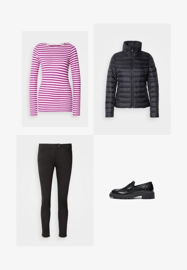 Chaqueta de plumas negra con un alto cuello, cierre de cremallera, diseño acolchado horizontal y textura suave. Cuenta con bolsillos laterales y una silueta ajustada.; Camiseta de manga larga con forma ajustada, hecha de algodón suave. Presenta rayas horizontales rosas y blancas y un escote amplio.; Pantalones ajustados negros hechos de una mezcla de algodón elástico. Cuenta con cinco bolsillos, cierre de botón en la parte delantera y piernas ligeramente ajustadas.; Mocasines de cuero negro con una puntera redonda, costuras decorativas y una suela de goma gruesa que presenta un patrón de tracción texturizado.