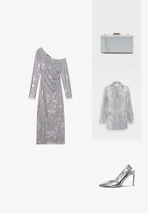 Silber gestreifter Blazer mit Reverskragen, Ein-Knopf-Verschluss, zwei vorderen Taschen und strukturiertem Stoff. Etwas Oversized-Schnitt.; Silbernes schulterfreies Kleid mit langen Ärmeln, drapiertem Stoff und strukturiertem Glanz. Besitzt eine glatte, glänzende Oberfläche mit einer figurnahen Silhouette.; Silberne Slingback-Pumps mit High Heels, spitz zulaufender Zehenpartie und metallischem Finish. Verfügt über ein elegantes Design und minimalistische Akzente am Absatz.; Rechteckige silberne Clutch aus strukturiertem Metallic-Stoff, mit einem Klappverschluss und einem abnehmbaren Kettenriemen zum Tragen.