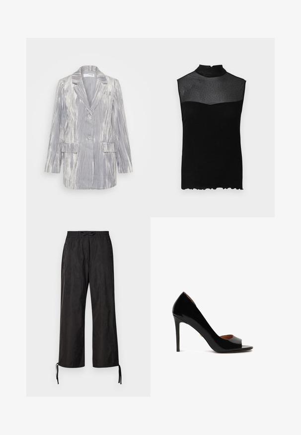 Silber gestreifter Blazer mit Reverskragen, Ein-Knopf-Verschluss, zwei vorderen Taschen und strukturiertem Stoff. Etwas Oversized-Schnitt.; Schwarzes ärmelloses Oberteil mit einem durchsichtigen Netz-Oberteil mit gepunktetem Muster, hohem Kragen und leicht abgerundetem Saum.; Schwarze, locker sitzende Hosen mit einem elastischen Bund und verstellbaren Kordeln an den Knöcheln. Glattes Gewebe mit einem dezenten Glanz.; Schwarze lacklederne Peeptoe-High-Heel-Schuhe mit eleganter Silhouette, dünnem Stiletto-Absatz und glattem, glänzendem Finish.