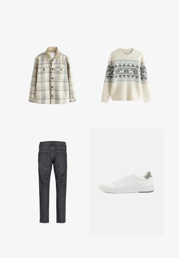 Plaid flannel skjortejakke i creme, grå og beige, med en blød, struktureret krave og to brystlommer med sorte knapper.; Strikket sweater i creme med et struktureret kabelmønster, der har et grå- og hvidt geometrisk design og et rensdyrmotiv over brystet.; Bagfra visning af mørkegrå denimjeans med to baglommer, bæltestropper og lige bukseben.; Hvid sneaker lavet af glat læder, rund tå, minimalistisk design, grå hælafsats og tekstureret gummisål.