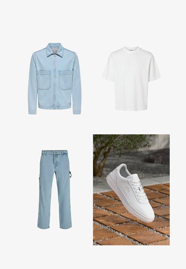 Chaqueta de mezclilla azul claro con cierre de cremallera, cuello de pico y dos grandes bolsillos delanteros. Presenta detalles cosidos y un ajuste relajado.; Camiseta blanca lisa de manga corta con cuello redondo y corte holgado mostrada sobre un fondo blanco.; Pantalones cargo de mezclilla azul claro con un corte relajado, que cuentan con lazos de sujeción laterales y bolsillos frontales, mostrando una textura desgastada.; Zapatilla blanca Lacoste con cordones flotando sobre baldosas cuadradas de madera y pequeñas piedras grises, con fondo desenfocado de árbol y muro.