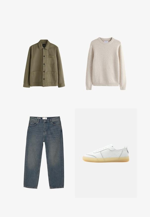 Oliven grøn skjortejakke med krave, lange ærmer og tre fremadvendte lommer, to nederst og en på brystet.; Lysebeige tekstureret sweater med rund halsudskæring og ribbede manchetter, der har et quiltet mønster over hele kroppen.; Blå denimjeans med en løs pasform, der har et klassisk fem-lomme design og minimal falming. Inkluderer en knaplukning og bæltestropper.; Hvid lavtop læder sneaker med beige gennemsigtig sål, snørelukning foran og minimal syning, vist fra siden mod en ensfarvet baggrund.