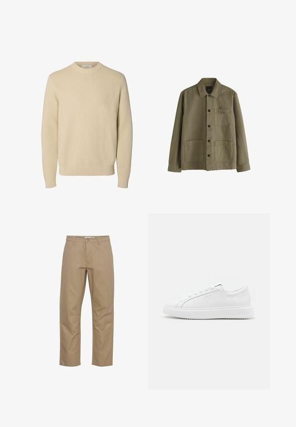 Oliven grøn skjortejakke med krave, lange ærmer og tre fremadvendte lommer, to nederst og en på brystet.; Enkel beige crewneck striktrøje med lange ærmer og ribstrikkede manchetter og kant.; Beige bomuldsbukser med lige ben-design, der har en frontknap og lynlås lukning, sidelommer og et rent finish.; Hvide sneakers lavet af glat syntetisk materiale. Har et lavt design, forhøjet hvid sål, rund tå og snørebånd foran med fem snøre-huller.