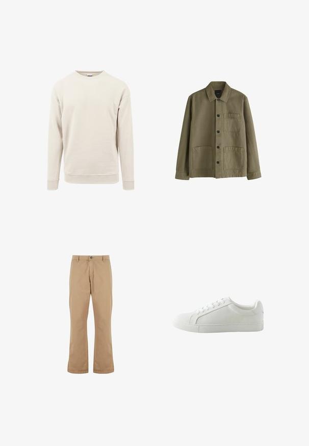 Oliven grøn skjortejakke med krave, lange ærmer og tre fremadvendte lommer, to nederst og en på brystet.; Lys beige sweatshirt lavet af blød stof, med rund hals, lange ærmer og ribbede manchetter ved ærmerne og kanten.; Beige bomuldsbukser med lige pasform, der har knaplukning, forlommer og en glat tekstur.; Hvid lavt sneaker med snørebånd, glat overdel og flad gummisål, vist fra indersiden set fra siden på en hvid baggrund.