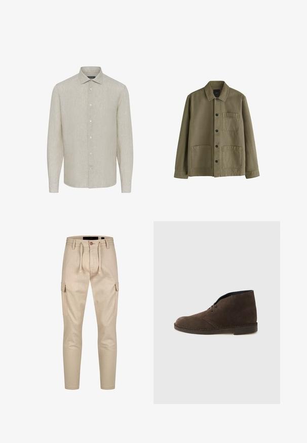 Olivgrüne Hemdjacke mit Kragen, langen Ärmeln und drei vorderen aufgesetzten Taschen, zwei unten und eine an der Brust.; Helles beige Langarmhemd aus Leinen mit schlichter Struktur, spitzem Kragen und sechs Knöpfen vorne, mit Knopfmanschetten.; Beige Cargo-Shorts in schlanker Passform, mit Einschubtaschen an den Seiten, elastischem Bund und Kordelzug für anpassbaren Komfort.; Brauner Ankle-Boot aus Wildleder mit zwei Ösen, niedrigem Absatz und genähter Sohle vor einfachem hellgrauem Hintergrund.