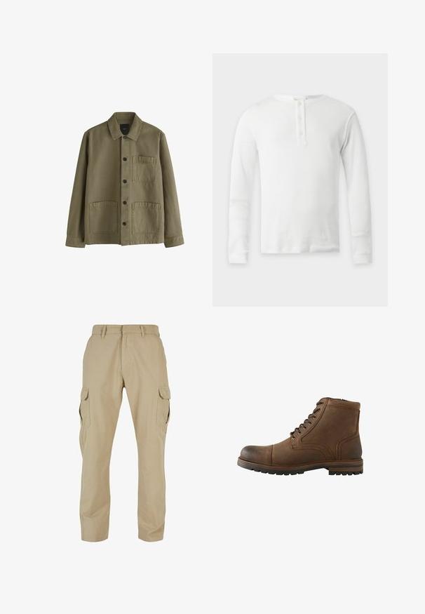 Olivgrüne Hemdjacke mit Kragen, langen Ärmeln und drei vorderen aufgesetzten Taschen, zwei unten und eine an der Brust.; Weißes Thermo-Langarmshirt mit rundem Ausschnitt und Drei-Knopf-Leiste, flach auf hellem Hintergrund präsentiert.; Beige Cargo-Hosen aus Baumwolltwill mit mehreren Seitentaschen, geradem Bein Design und einem Reißverschluss mit Gürtelschlaufen.; Brauner Leder-Stiefel mit Schnürung vorne und robuster Sohle, geeignet für Freizeit- oder Outdoor-Einsätze.