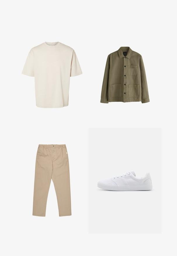 Veste boutonnée vert olive avec col, manches longues et trois poches plaquées à l'avant, deux en bas et une sur la poitrine.; T-shirt en coton beige uni, manches courtes, oversize, col rond, présenté à plat sur fond blanc.; Pantalons khaki en tissu léger, avec une coupe droite, fermeture à bouton et poches latérales. Texture lisse avec un minimum de détails.; Baskets en toile blanches avec une semelle en caoutchouc, dotées de six œillets, d'un embout texturé et d'un design minimaliste.