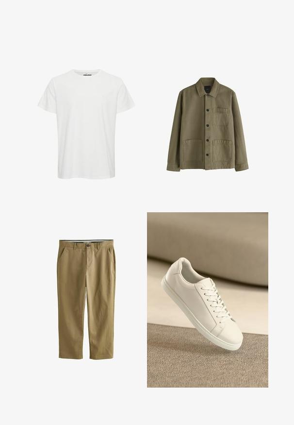 Veste boutonnée vert olive avec col, manches longues et trois poches plaquées à l'avant, deux en bas et une sur la poitrine.; T-shirt en coton blanc avec manches courtes, col rond et un logo discret sur la poitrine. Texture lisse avec une coupe classique.; Chinos kaki en mélange de coton, dotés de deux poches latérales, d'une fermeture à bouton, de jambes droites et d'une texture lisse.; Baskets en cuir blanc avec des lacets blancs, exposées sur une surface beige texturée et avec un arrière-plan flou doux.