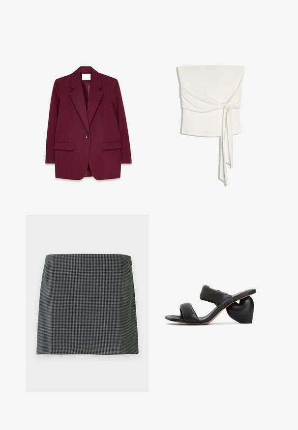 Bordeaux skræddersyet blazer med slagkrave, to forlommer, knaplukning og glat indvendig foring. Strukturert stoffinish.; Hvid stropløs cropped top med et bredt bånd, der er bundet i en løs knude foran og hænger asymmetrisk ned.; Sort-hvid ternet nederdel lavet af stof med en glat tekstur. Har en lige silhuet og lynlåslukning i siden.; Sort læder slid-sandaler med en hjerteformet hæl. Har to brede remme og en glat, struktureret overflade. Holdbar gummisål.