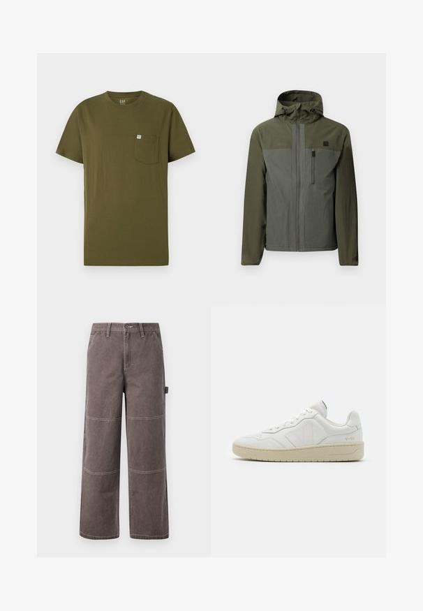 Oliven grøn jakke med hætte, med et tofarvet design, lynlåslukning fortil og brystlomme. Fremstillet af letvægts, tekstureret stof.; Olivengrøn bomulds t-shirt med rund hals, korte ærmer og en venstre brystlomme med et lille mærkelabel. Glat tekstur.; Bredde ben bukser i en falmet brun farve, lavet af holdbart stof med kontrasterende syninger. Har paneldetaljer og en sidelomme.; Hvide lædersneakers med struktureret overflade og polstret krave. Har en beige gummisål og diskret branding på hælen og siden.