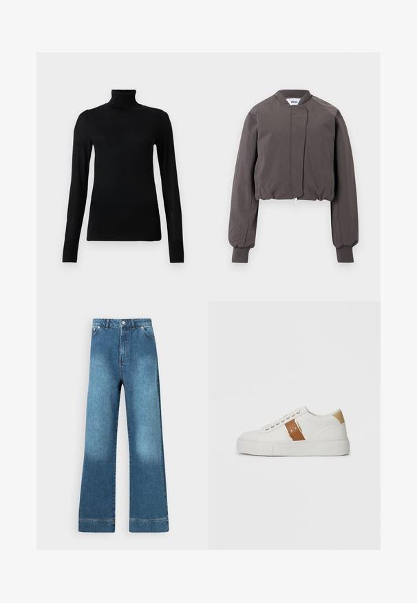 Mørkegrå cropped bomberjakke med lynlås foran, høj krave, lange ærmer, ribkanter og sidelommer på en ensfarvet baggrund.; Sort turtleneck sweater lavet af blødt, letvægtsmateriale. Har lange ærmer og en tætsiddende stil med høj krave.; Blå denim vidt ben bukser med høj talje, som har forlommer, en knaplukning og let falmning på lårene.; Hvide lavtop sneakers med beige hælpatch, brun læderrem med guldlukning og A|X brand, samt præget Armani Exchange sål.