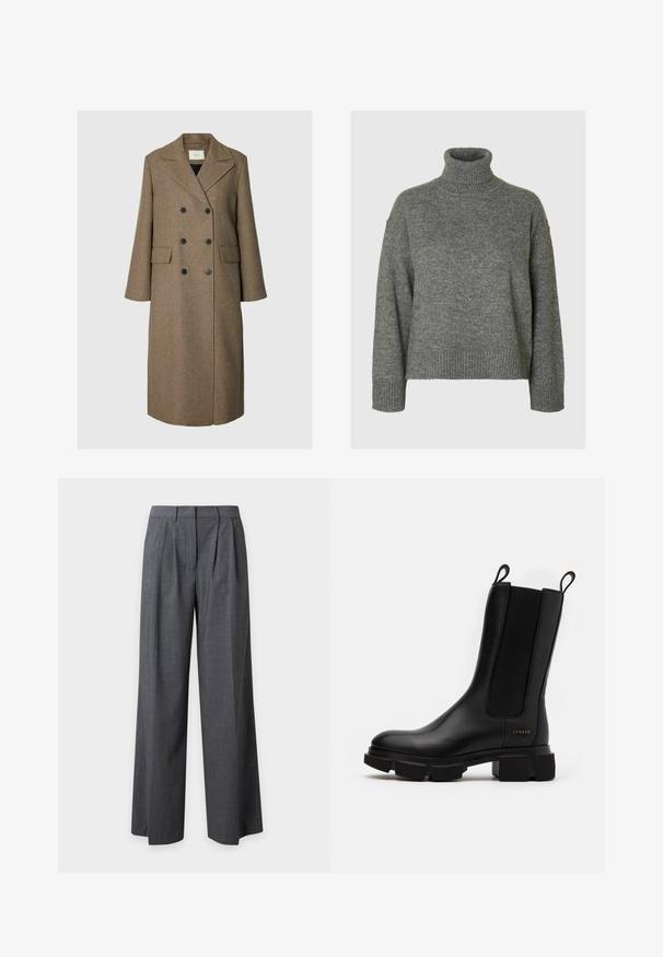 Long manteau en laine marron à double boutonnage, larges revers et deux poches avant à rabat, présenté sur fond gris clair.; Pull à col roulé gris fabriqué dans un matériau doux et texturé, avec une coupe décontractée. Présente un col, des poignets et un ourlet côtelés. Design simple.; Pantalon gris foncé à jambes larges avec plis sur le devant, passants de ceinture et fermeture avant dissimulée, présenté sur un fond clair uni.; Bottine en cuir noir à panneaux élastiques sur les côtés, semelle en caoutchouc épaisse et tirants. Présente un logo subtilement embossé sur le côté.