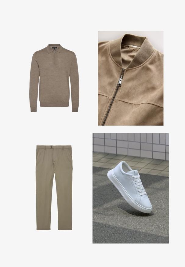 Beige ruskindsbomberjakke med krave, lynlås foran og to vandrette lommer. Blød tekstur og glat finish, med minimale syningsdetaljer.; Lysebrunt pullover med lynlåskrave, lange ærmer og en blød struktur, lavet af fint strikket materiale.; Beige afslappede bukser med sidelommer, knaplukning og bæltestropper, vist fladt på en hvid baggrund.; Hvid lavtop sneaker med snørebånd, der svæver over tekstureret asfalt og beige flisebelagt overflade i baggrunden.
