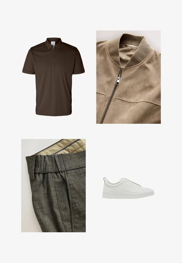 Beige Wildleder-Bomberjacke mit Kragen, Frontreißverschluss und zwei horizontalen Taschen. Weiche Textur und glatte Oberfläche, minimale Nähte.; Dunkelbraunes Poloshirt mit kurzen Ärmeln, einem Kragen und halbem Reißverschluss vorne, dargestellt auf weißem Hintergrund.; Graue, strukturierte Hose mit einem gepressten Bund und kontrastierender Innenseite. Verfügt über dezente Muster und ein maßgeschneidertes Design.; Weißer Sneaker in Low-Top-Design mit Schlupfform, gepolstertem Kragen und Zuglasche an der Ferse, ausgestattet mit einer dicken Gummisohle und glattem Lederobermaterial.