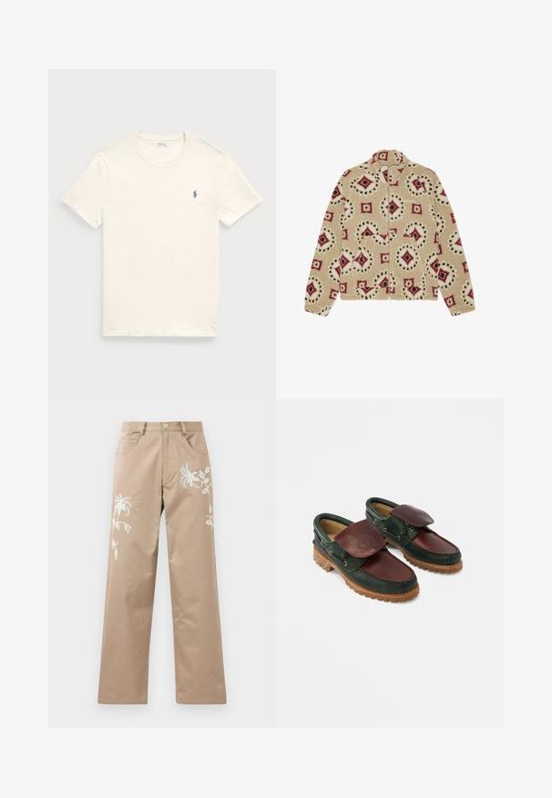 Fleecejakke i beige med et mønster, der har røde, brune og hvide diamantformer. Med fuld lynlås og høj krave.; Kræmfærdig bomulds t-shirt i kremfarve med rund hals og korte ærmer. Har et lille blåt broderet logo på venstre bryst.; Beige bomuldsbukser med lige ben, der har hvid blomsterbroderi foran og almindelige lommer.; Lædersko med en mørkegrøn krop og en burgunderrød top, rund tå, fastgjort klap og tekstureret gummisål med riller.
