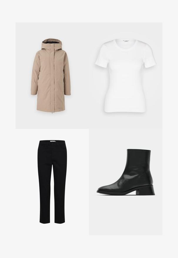Beige lang parka med hætte, der har et enkelt design, fuld frontlynlås og en glat tekstur. Velegnet til koldt vejr.; Hvid bomulds T-shirt med korte ærmer, rund halsudskæring og ribbet tekstur. Tætsiddende design med en glat, ren finish.; Sorte bomuldsbukser designet med lige pasform. Har fem lommer og en frontknaplukning. Glat tekstur, minimale syninger.; Sort ankelstøvle lavet af blank læder, med et strømlinet design, spids tå og en moderat blokhælhøjde for stabilitet.