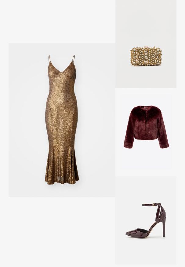 Burgunderfarbenes Kunstpelz-Cropped-Jackett mit langen Ärmeln, weicher Textur und ohne sichtbare Verschlüsse. Verfügt über einen runden Halsausschnitt und einen plüschigen Look.; Goldener Pailletten-Kleid mit figurbetonter Silhouette, Spaghettiträgern und ausgestelltem Saum. Texturierte Oberfläche reflektiert das Licht und verstärkt den Glanz.; Burgunderrotes patentiertes Leder hochhackiges Schuhwerk mit spitzer Zehe, Knöchelriemen und einem 10 cm hohen Stiletto-Absatz. Glatte Textur und minimale Details.; Goldene Clutch mit aufwendigen Perlen- und Strassverzierungen. Rechteckige Form, Schnappverschluss und abnehmbarer Kettenriemen.