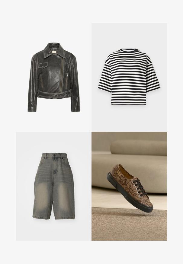 Lædermotorcykeljakke i mørkegrå, med en bred krave, diagonalt lynlås, to forlommer og et spænde ved taljen.; Sort og hvidstribet kortærmet cropped t-shirt med rund halsudskæring og afslappet pasform, lavet af glat bomuldsstof.; Jaded London LIGHT WASH JUMBO JORTS - Denimshorts - light wash; Brun og sort leopardprint sneakers med sorte snørebånd og sål, placeret i en vinkel på beige tæppe med beige sofa i baggrunden.