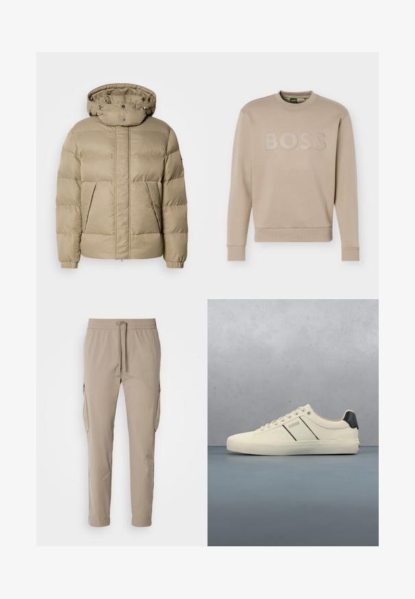 Beige gepolsterte Kapuzenjacke mit zwei Fronttaschen, strukturiertem Stoff und gerippten Bündchen. Druckknöpfe am Hals zum Schließen.; Beige Sweatshirt mit Rundhalsausschnitt, langen Ärmeln sowie gerippten Bündchen an Ärmeln und Saum, geprägt mit "BOSS"-Logo über der Brust.; Beige Cargo-Hosen mit elastischem Bund und Kordelzug. Sie verfügen über Seitentaschen und ein schmal zulaufendes Bein, gefertigt aus leichtem Stoff.; Cremfarbene Sneaker mit glatter Oberfläche, die schwarze Akzente und Markenlogo aufweisen. Klassisches Schnürdesign mit runder Zehenform und Gummisohle.