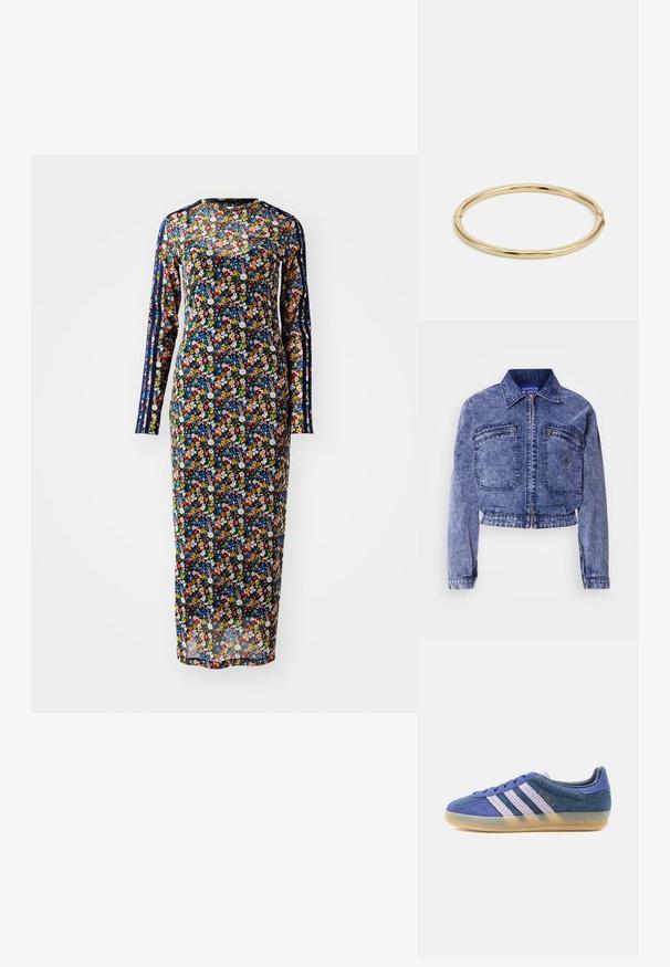 Veste en denim bleu clair avec un design court, deux poches avant, fermeture éclair métallique et détails de couture contrastants.; Robe à manches longues en tissu transparent avec un fond marine, arborant des motifs floraux colorés et des rayures latérales de teintes variées.; Baskets basses en daim bleu avec des bandes blanches texturées, semelle en gomme translucide et marquage doré "BAYRE" sur le côté.; Bracelet en or avec une surface lisse et brillante, présentant une forme ronde et un détail de fermoir subtil.