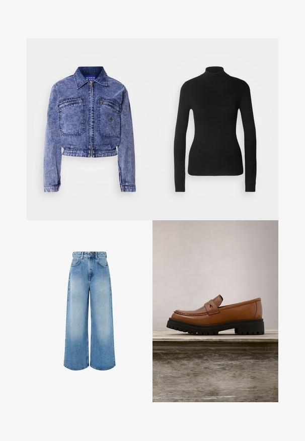Jeansjacke in Hellblau mit einem cropped Design, zwei Vordertaschen, metallischem Reißverschluss und kontrastierenden Steppnähten.; Schwarzer Rollkragenpullover aus leichtem Strickgewebe. Mit langen Ärmeln, taillierter Passform und weichem Ripptextil.; Hellblaue, weit geschnittene Jeans aus Denim mit hoher Taille, Knopfverschluss und subtiler Ausbleichung sowie sauberen Saumkanten.; Brauner Leder-Slipper mit dicker schwarzer Sohle, schwebend über einer Holzoberfläche, mit hohem grünem Gras im Hintergrund.