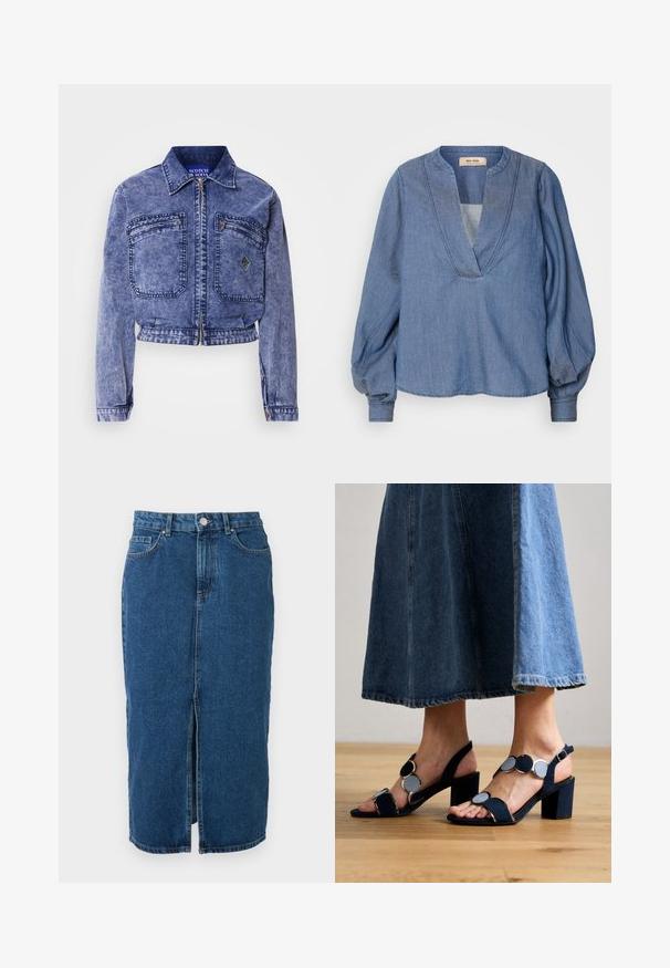 Chaqueta de mezclilla en azul claro con un diseño corto, dos bolsillos frontales, cremallera metálica y detalles de costura en contraste.; Blusa de mezclilla azul claro con escote en V profundo, mangas globo y corte relajado. Presenta costuras estructuradas a lo largo del escote y los puños.; Falda vaquera azul de longitud media con abertura central frontal, trabillas para cinturón, bolsillos delanteros y cierre con botón en la cintura.; Marco Tozzi Sandalias - navy