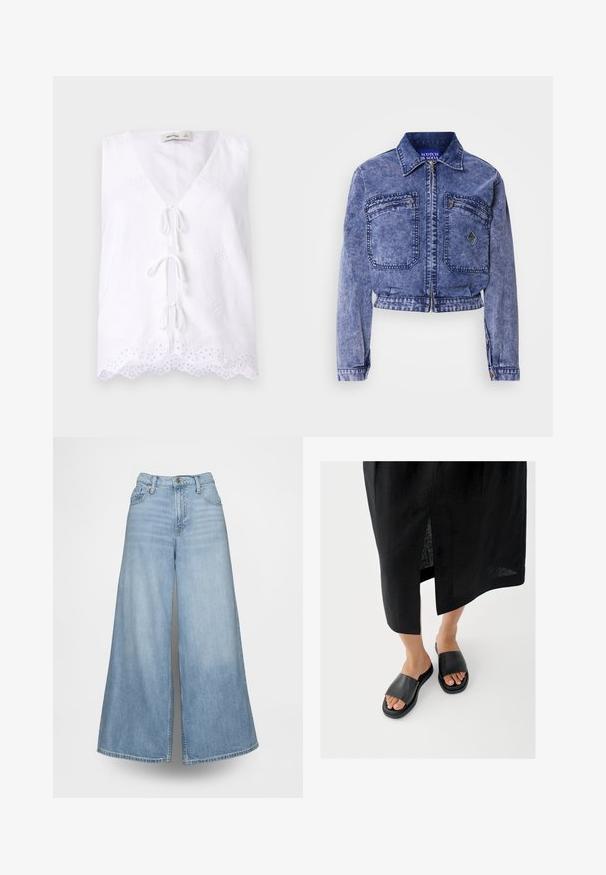 Denimjakke i lys blå med cropped design, to forlommer, metallisk lynlås og kontrasterende syninger.; Hvid ærmeløs top med dyb V-udskæring og blonde detaljer ved kanten. Har en bindelukning foran og tekstureret stof.; Lyseblå vidde jeans lavet af denim med høj talje, forlommer og knaplukning. Stoffet har en falmet vask.; Sorte slidssandaler med bred rem, flad sål og minimalistisk design. Materialet virker glat med en mat finish.