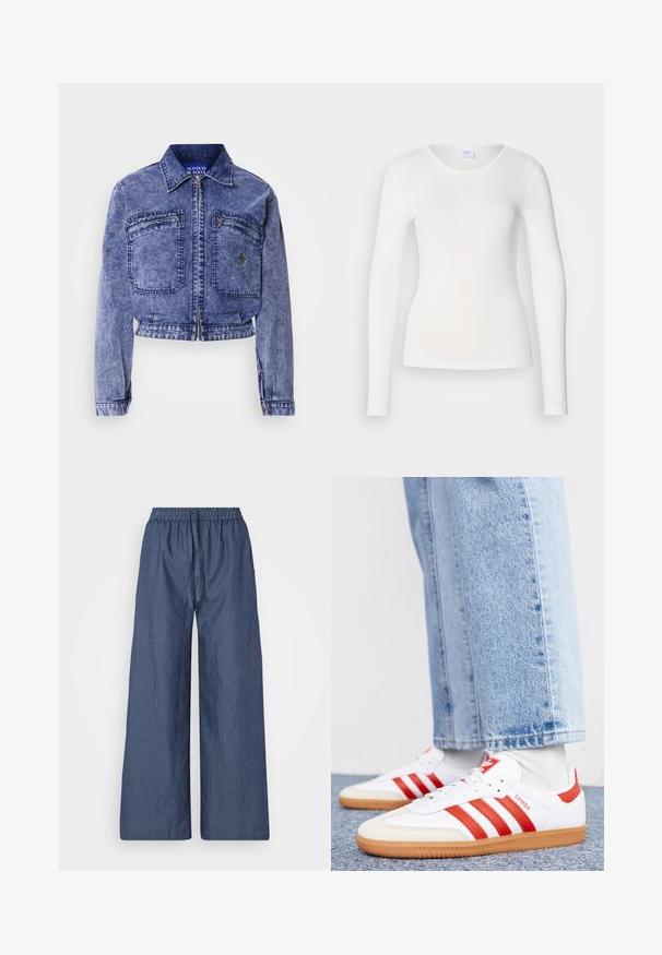 Leren spijkerjack in lichtblauw met een cropped ontwerp, twee voorzakken, metalen rits en contrasterende stiksels.; Witte lange mouwen shirt gemaakt van een zachte, gladde stof; heeft een ronde halslijn en een aansluitende vorm, zonder patronen of versieringen.; Lichte blauwe en witte gestreepte wijde broek met een drawstring taille en elastische band, gemaakt van een zachte stof en met een relaxte pasvorm.; Witte leren sneakers met rode strepen en accenten. Voorzien van een getextureerde gumrubberen outsole en een gevoerde kraag. Draag ze met lichtblauwe denim.