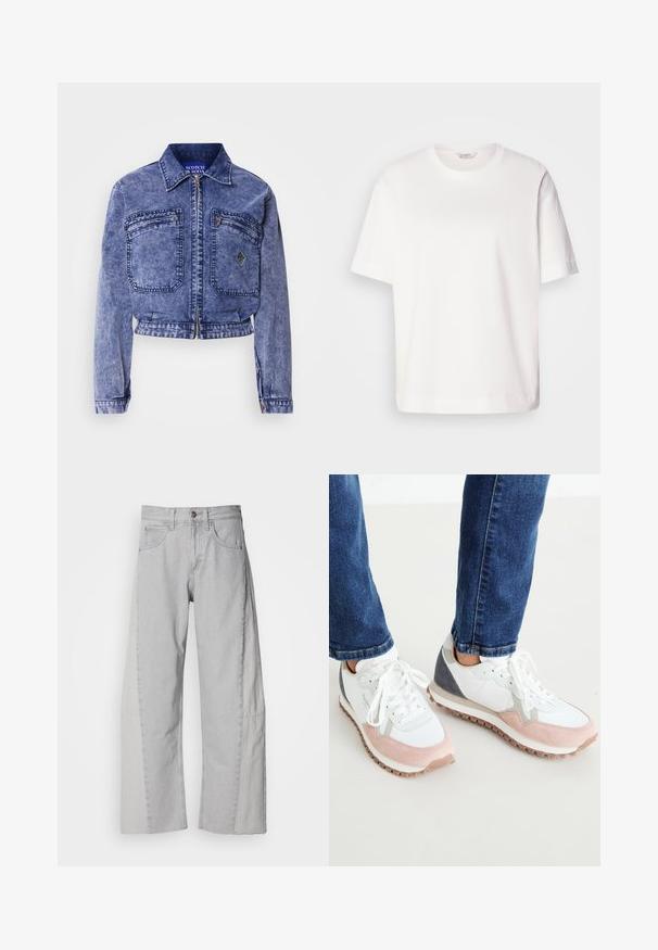 Chaqueta de mezclilla en azul claro con un diseño corto, dos bolsillos frontales, cremallera metálica y detalles de costura en contraste.; Camiseta de algodón blanca de manga corta, con cuello redondo, corte holgado y textura suave; sin patrones ni elementos visibles.; Jeans de pierna ancha en gris claro, hechos de mezclilla. Presentan una cintura ajustada, cinco bolsillos y un dobladillo limpio con ligeras diferencias de textura a los lados.; Zapatillas blancas y rosa claro con acentos grises, que cuentan con una parte superior de ante y malla, suela de goma y cordones redondos.