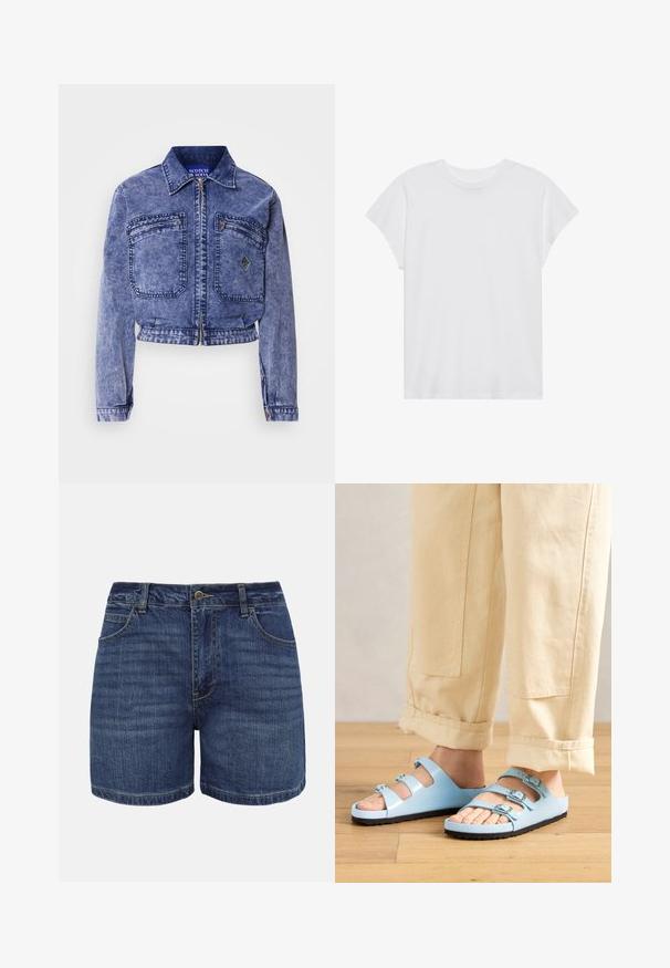 Veste en denim bleu clair avec un design court, deux poches avant, fermeture éclair métallique et détails de couture contrastants.; T-shirt blanc à manches courtes, col rond, coupe décontractée, en tissu de coton doux. Texture lisse, sans motifs ni logos.; Shorts en denim bleu foncé avec bouton frontal, fermeture éclair, passants pour ceinture et poches avant, présentés sur un fond blanc.; Des sandales à glissière bleu clair avec trois sangles réglables et des boucles en argent ; semelle texturée et matériau supérieur lisse. Portées avec un pantalon beige retroussé.