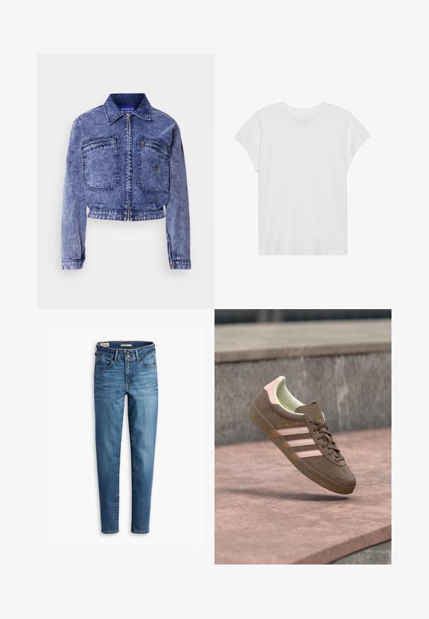 Denimjakke i lys blå med cropped design, to forlommer, metallisk lynlås og kontrasterende syninger.; Hvid kortærmet t-shirt med rund hals, afslappet pasform, lavet af blødt bomuldsstof. Glat tekstur, ingen mønstre eller logoer.; Højtaljede, skinny jeans i lyseblå denim. Har fem lommer, frontknaplukning og klassiske syninger overalt.; Brun ruskindsneaker med pinke accenter, tre hvide striber og et gult logo. Har en blød indvendig foring og en struktureret gummisål.