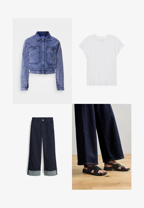 Jeansjacke in Hellblau mit einem cropped Design, zwei Vordertaschen, metallischem Reißverschluss und kontrastierenden Steppnähten.; Weißes kurzärmliges T-Shirt mit Rundhalsausschnitt, lockerer Passform, aus weichem Baumwollstoff. Glatte Textur, keine Muster oder Logos.; Dunkelblaue Denim-Jeans mit weitem Bein und hoher Taille, mit umgeschlagenen Säumen in einem helleren Blauton und klassischem Vier-Taschen-Design.; Schwarze Leder-Sandalen mit einem Überkreuz-Design, flacher Sohle und minimalem Zubehör, kombiniert mit weit geschnittenen dunklen Jeanshosen.