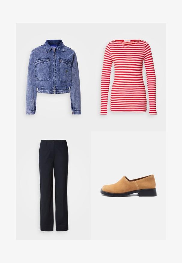 Veste en denim bleu clair avec un design court, deux poches avant, fermeture éclair métallique et détails de couture contrastants.; Chemise à manches longues rayée rouge et blanche en coton doux, avec un décolleté bateau et une silhouette ajustée. Aucun détail supplémentaire.; Pantalon en coton bleu marine à coupe droite, doté d'une fermeture à bouton sur le devant, sans motifs ni ornements visibles.; Chaussure à enfiler en daim marron clair avec un petit talon bloc noir et un bout arrondi, vue de profil sur fond blanc.