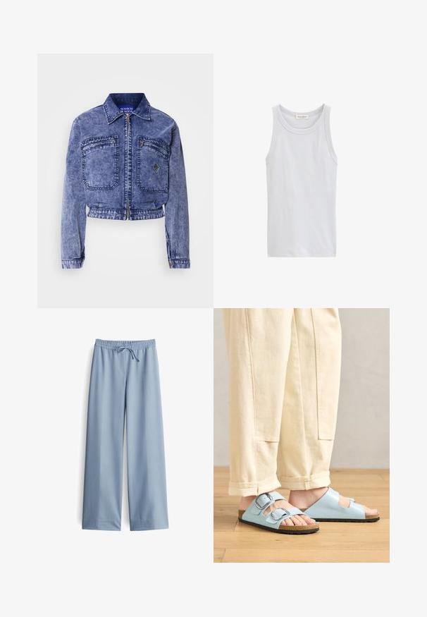Jeansjacke in Hellblau mit einem cropped Design, zwei Vordertaschen, metallischem Reißverschluss und kontrastierenden Steppnähten.; Weißes ärmelloses Tanktop mit rundem Ausschnitt, mit Marc O'Polo-Etikett, vor weißem Hintergrund gezeigt.; Helle blaue weite Hosen aus glattem Stoff, mit einem elastischen Bund und Kordelzug, ohne sichtbare Taschen oder zusätzliche Details.; Himmelblaues Offene-Schuhe-Sandalen mit doppelten Schnallen, Korkfußbett und schwarzer Gummisohle, kombiniert mit cremefarbener, weit geschnittener Hose.