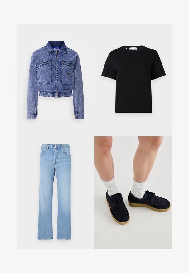Veste en denim bleu clair avec un design court, deux poches avant, fermeture éclair métallique et détails de couture contrastants.; T-shirt noir uni à manches courtes avec col rond, coupe décontractée et petite étiquette au col.; Jean en denim bleu clair avec une coupe droite, taille haute, cinq poches, fermeture à bouton et décoloration subtile sur l'ensemble du tissu.; Chaussures en daim bleu marine avec un bout rond, un laçage, et une semelle en caoutchouc couleur crème. Assorties avec des chaussettes blanches à côtes.