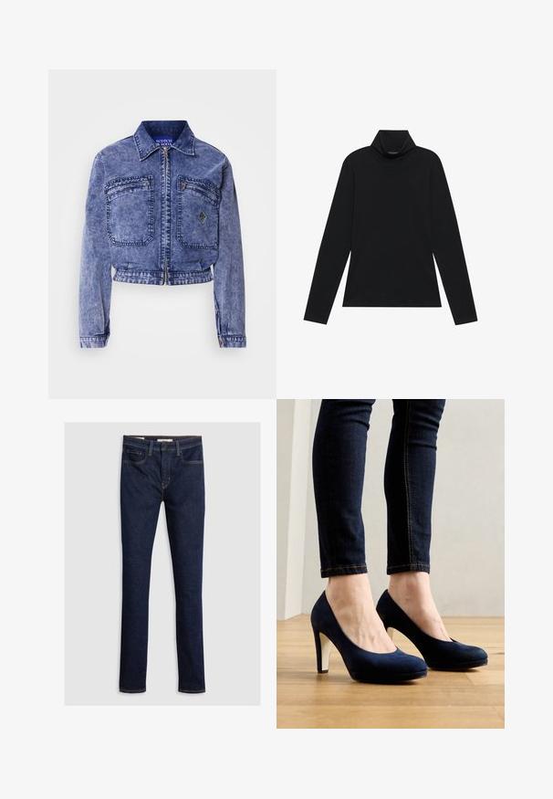 Veste en denim bleu clair avec un design court, deux poches avant, fermeture éclair métallique et détails de couture contrastants.; Turtleneck à manches longues noir. Tissu doux, design près du corps, col montant et coutures latérales. Style simple et polyvalent, idéal pour le superposition.; Jean en denim bleu foncé, ajusté, avec cinq poches, surpiqûres jaunes et fermeture à glissière avec un bouton.; Chaussures à talons hauts en velours bleu marine avec un bout rond et un talon blanc contrastant. Portées avec un jean skinny en denim sombre sur un sol en bois.