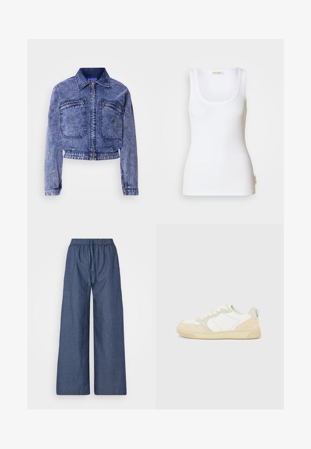 Veste en denim bleu clair avec un design court, deux poches avant, fermeture éclair métallique et détails de couture contrastants.; Débardeur blanc côtelé avec un col rond dégagé et des bretelles larges. Présente une étiquette logo sur l'ourlet latéral. Confectionné en tissu doux et extensible.; Pantalons amples légers à rayures bleues et blanches, avec une taille à cordon de serrage et un bandeau élastique, en tissu doux et à coupe décontractée.; Baskets blanches et beiges avec dessus en suède et textile, présentant des coutures contrastées, une semelle en caoutchouc et un accent bleu clair sur le talon.