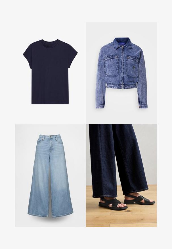 Jeansjacke in Hellblau mit einem cropped Design, zwei Vordertaschen, metallischem Reißverschluss und kontrastierenden Steppnähten.; Dunkelblaue Baumwoll-T-Shirt mit rundem Ausschnitt und kurzen Ärmeln, das einen lockeren Schnitt und eine glatte Textur bietet. Keine Muster oder Akzente.; Hellblaue Jeans mit weitem Bein aus Denim, mit hoher Taille, Fronttaschen und Knopfverschluss. Der Stoff hat eine verblasste Waschung.; Schwarze Leder-Sandalen mit einem Überkreuz-Design, flacher Sohle und minimalem Zubehör, kombiniert mit weit geschnittenen dunklen Jeanshosen.