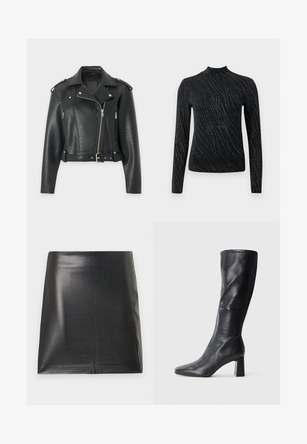 Zwarte getextureerde leren bikerjas met asymmetrische ritssluiting, schouderepauletten, ritssluitingzakken en een taillering met riem.; Zwart langave top met een hoge halslijn, voorzien van een golvend patroon van zilveren sparkles op een gestructureerde stof. Strak ontwerp.; Zwarte mini-rok van nepleer met een lichte zijsplit en een gladde textuur, plat weergegeven op een witte achtergrond.; Zwarte leren kniehoge laars met een spitse neus en een chunky hak. Gladde textuur met een gestroomlijnd ontwerp en subtiele stikdetails.