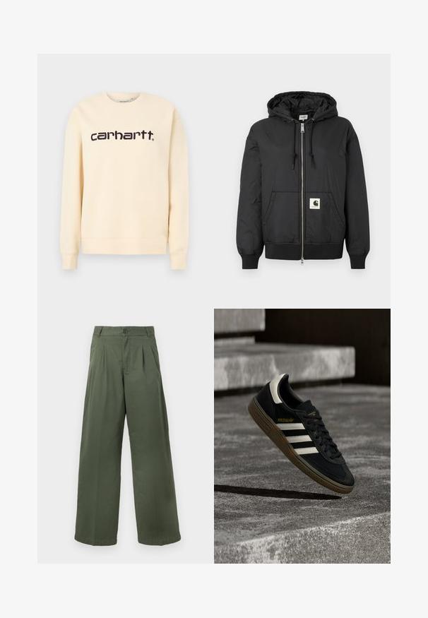 Veste à capuche noire avec fermeture éclair sur le devant, poignets et ourlet côtelés, et un patch logo carré sur le bas à l'avant. Fabriquée en tissu léger et lisse.; Sweat-shirt beige Carhartt à col rond avec manches longues et logo "carhartt" noir centré sur la poitrine.; Pantalon large vert en coton, doté d'une fermeture à boutons, de plis à l'avant, d'une texture lisse et d'un ourlet droit.; Baskets Adidas noires avec des bandes blanches et une semelle en gomme flottant au-dessus d'escaliers en béton gris sous une lumière naturelle.