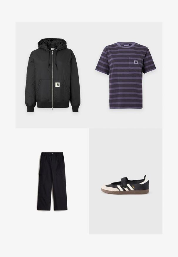 Sort hættejakke med lynlås foran, ribbede manchetter og kant, samt et firkantet logo-patch på den nedre front. Fremstillet af letvægts, glat stof.; Lilla stribet t-shirt med en lomme på venstre bryst, der har vandrette sorte striber. Blødt stof, korte ærmer, rund halsudskæring.; Sorte cargo bukser med elastisk talje, justerbart bælte og to sidelommer. Fremstillet af et let, struktureret stof.; Sort og beige sko med velcrolukning, tre hvide striber på siden og en tekstureret brun gummisål. Mærkelogo er synligt.