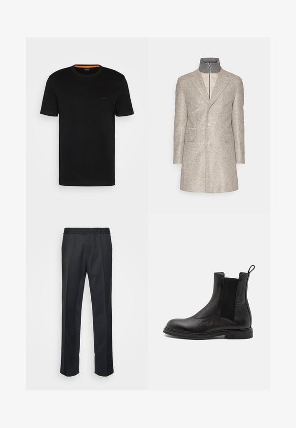 BOSS HYDE - Klassisk frakke - open white; Sort kortærmet t-shirt lavet af blødt stof, med rund halsudskæring og et diskret logo på fronten. Indvendigt i kraven er der orange detaljer.; Sorte bukser med en afslappet pasform, der har en elastisk talje, lige ben og en blød, glat stoftekstur.; Emporio Armani Støvletter - nero