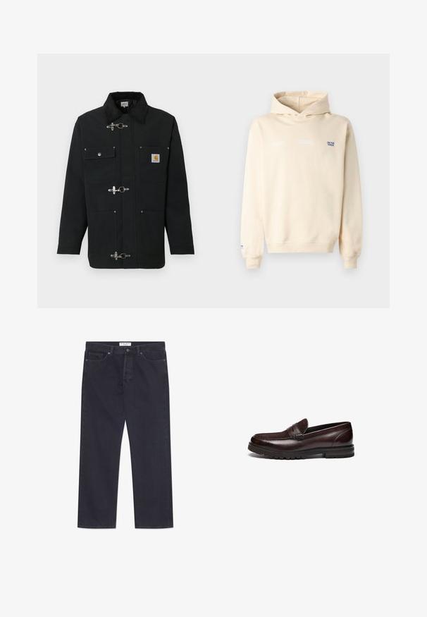 Veste noire en tissu épais, dotée d'un col en velours côtelé, de quatre poches avant et de fermetures à bascule en métal. Logo Carhartt sur la poitrine.; Sweat à capuche beige à manches longues, avec poignets et ourlet côtelés, et petit texte imprimé sur la poitrine et la manche gauche.; Jeans en denim bleu foncé avec une coupe droite, cinq poches et une fermeture classique à boutons et à glissière. Présente des coutures contrastées.; Mocassins en cuir marron avec un accent en daim, bout rond et semelle en caoutchouc texturé. Dotés de détails cousus et d'un léger talon.