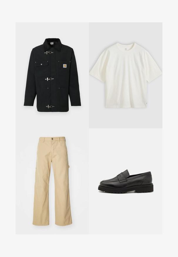 Schwarze Jacke aus schwerem Stoff mit einem Cordkragen, vier aufgesetzten Taschen vorne und Metall-Knebelverschlüssen. Carhartt-Logo auf der Brust.; Weißes T-Shirt mit kurzen Ärmeln aus Baumwolle. Rundhalsausschnitt, lockere Passform, dezentes Branding auf der Brust und ein rotes Etikett am Saum.; Beigeweite Cargo-Hosen mit Knopfverschluss, ausgestattet mit Seitentaschen, aus strapazierfähigem Baumwollstoff, mit glatter Textur und geradem Schnitt.; Schwarze Lederloafer mit runder Zehenpartie, genähten Details und einer dicken, strukturierten Sohle. Verfügt über ein schlankes, minimalistisches Design.