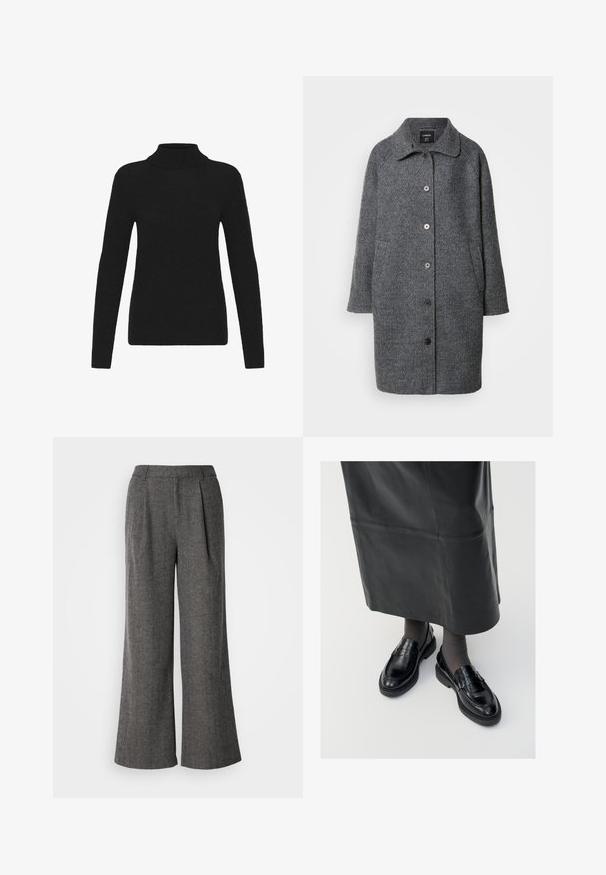Grå uldfrakke med krave, lange ærmer, knaplukning, sidelommer og struktureret stof.; Sort langærmet turtleneck sweater med ribbet krave, manchetter og kant, præsenteret mod en hvid baggrund.; Grå fiskebensmønstret bukser med bred ben, plisseret front, skræddersyet talje og glat tekstur, der har et rent, professionelt design.; Sorte læder loafers med en glat finish, prydet med en dekorativ rem, rund tå og tekstureret sål. Båret med en lang sort læderskirt.