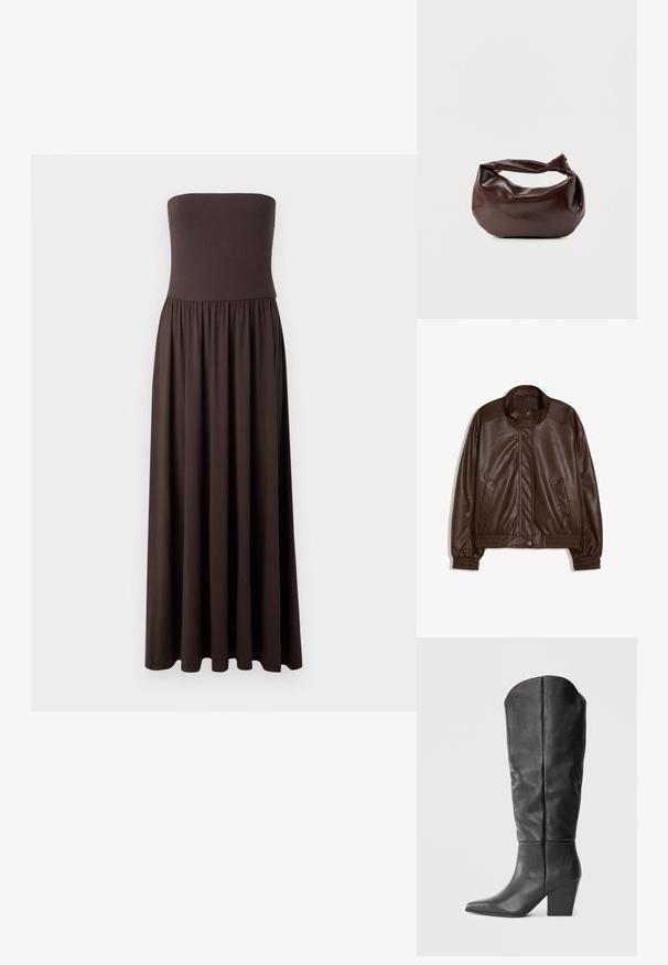 Veste en simili-cuir marron foncé avec col montant, boutons pression à l'avant, poches latérales, poignets et taille élastiques sur fond blanc.; Robe maxi marron sans bretelles en tissu doux, avec un corsage ajusté et une jupe fluide et froncée pour plus de liberté de mouvement.; Bottes noires en cuir, montant jusqu'au genou, avec un bout pointu et un talon épais. Le design présente une texture lisse et des lignes minimalistes.; Sac bandoulière en cuir marron foncé avec une forme souple et décontractée et une anse nouée torsadée sur un fond blanc uni.
