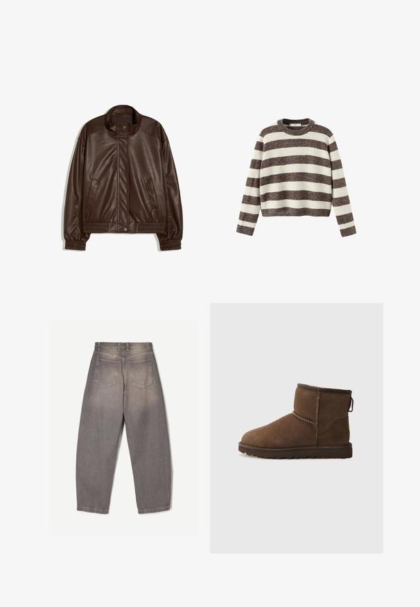 Mørkebrun jakke af kunstlæder med ståkrave, trykknapper foran, sidelommer og elastiske manchetter og linning på hvid baggrund.; Stripet pullover sweater i creme og mørkebrun. Ribstrikket rund hals, lange ærmer og en kortet kant. Blød tekstur med en afslappet pasform.; Grå denim-jeans vist bagfra med to baglommer, bæltestropper og et let tilspidset ben-design.; UGG CLASSIC MINI II - Vinterstøvler - dusted cocoa